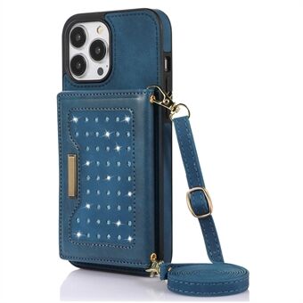 For iPhone 13 Pro 6,1 tommers PU-skinnbelagt TPU-deksel Rhinestone-dekor lommebok Kickstand RFID-blokkerende Støtsikkert telefondeksel med skulderstropp