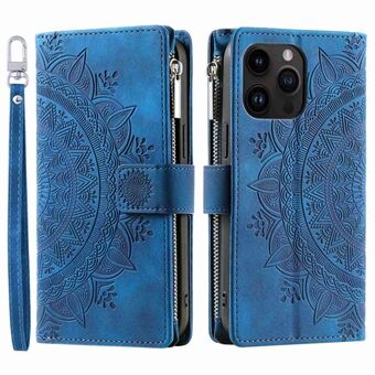 For iPhone 13 Pro 6,1 tommers lommebok med glidelås Flere kortspor Telefondeksel Mandala Flower Preget Stand PU Lær Telefonveske med stropp