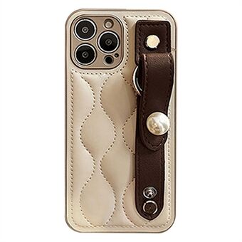 For iPhone 13 Pro 6,1 tommer Scratch Rhombus Texture PU-skinnbelagt PC Hard Case Bakdeksel med Faux Pearl Armbånd