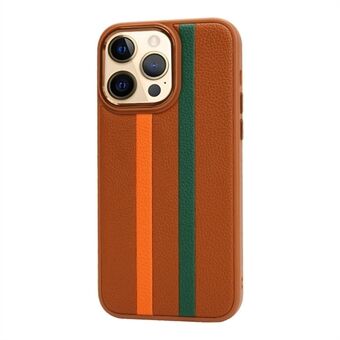 For iPhone 13 Pro 6,1 tommer støtsikker fire hjørner kollisjonspute stripemønster PU-skinnbelagt TPU-deksel Bakdeksel med metallknapp