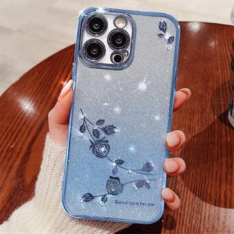 For iPhone 13 Pro 6,1 tommers Gradient TPU-beskyttelsesdeksel Rhinestone Dekor Blomstermønster Glitter Powder Anti-drop-deksel