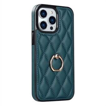 For iPhone 13 Pro 6,1 tommers søm Rhombus Ring PU-skinn+TPU-telefonveske Kickstand-telefondeksel