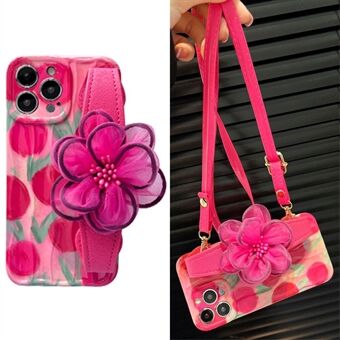 For iPhone 13 Pro Skulderstropp Telefonveske Mønster TPU-deksel med Gaze Flower Leather Armbånd