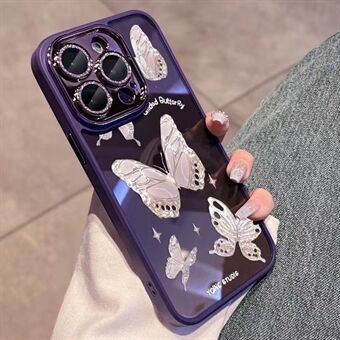 For iPhone 13 Pro Hardt Glass+Fleksibelt TPU-telefondeksel Glitrende pulverdekor Platinum Butterfly-deksel