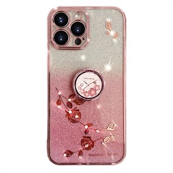 Cellphone Guard TPU-deksel for iPhone 13 Pro 6,1 tommer, Ring Stativ Blomstermønster Glitter Bakdeksel