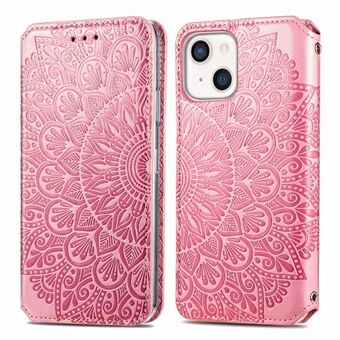 Magnetisk autoabsorbert mandala blomsterpåtrykt Stand lommebok PU-lær telefonveske Shell for iPhone 13 mini 5,4 tommer