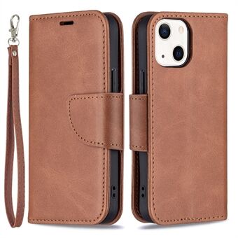 Ensfarget lommebokveske i skinn Telefonskall med stropp for iPhone 13 mini - Brown