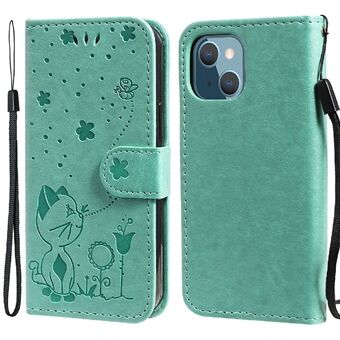 Cat and Bee Pattern Imprinting PU Lærveske Telefondeksel Shell med stropp for iPhone 13 mini 5,4 tommer