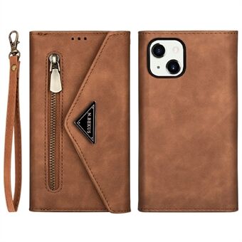 Full beskyttelse Skinn Glidelås Lommebok Design Skin Feeling Telefonveske med Stand og stropp for iPhone 13 mini - Brown