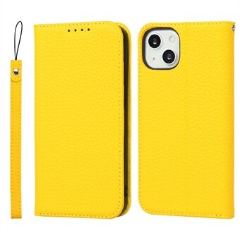 Litchi Texture TPU og ekte skinn Stand Lommebokstativ Telefonveske med stropp for iPhone 13 mini 5,4 tommer