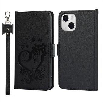 Heart Imprint PU-skinn beskyttende telefonstativ Stand Lommebokdeksel med stropp for iPhone 13 mini 5,4 tommer