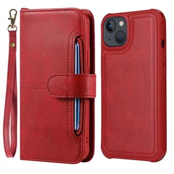 Avtakbar 2-i-1 støtsikker Scratch knappelukking Handy stropp Flere kortspor Stand PU-skinn telefonveske for iPhone 13 mini - Red