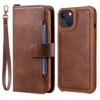 Avtakbar 2-i-1 støtsikker Scratch knappelukking Handy stropp Flere kortspor Stand PU-skinn telefonveske for iPhone 13 mini - Brown