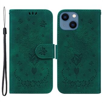 For iPhone 13 mini 5.4 inch Anti-scratch Phone Cover Imprinting Roses Butterflies Pattern Shockproof Leather Full Coverage Anti-drop Phone Case Wallet Stand