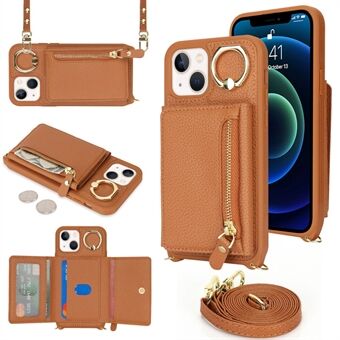 For iPhone 13 mini etui kortveske glidelåslomme skinn+TPU ringholder dekselet med lang stropp