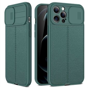 For iPhone 13 Pro Max 6.7 inch Slide Camera Cover Litchi Texture Anti-fingerprint PC+TPU Anti-fall Phone Case