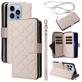 For iPhone 13 Pro Max-etui PU-skinn Rutedesign Stativ Antisjokk Lommeboktelefondeksel