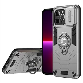 For iPhone 13 Pro Max Kickstand-deksel i PC+TPU-materiale med skyvbart linseomslag.