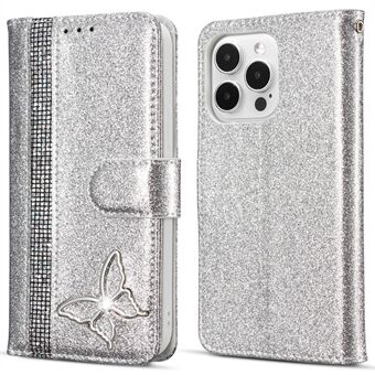 For iPhone 13 Pro Max Glitrende Lærdeksel med Diamantlommebok og stativdeksel i metall