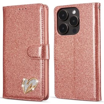 For iPhone 13 Pro Max Glitter Lærveske med Diamant Kjærlighetshjerte Lommebok Stativ Flippdeksel