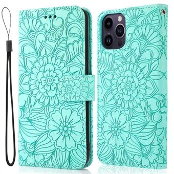 PU-skinntelefonveske for iPhone 13 Pro Max 6,7 tommer, Stand med påtrykt blomstermønster Lommebok Støtsikkert mobiltelefondeksel med stropp