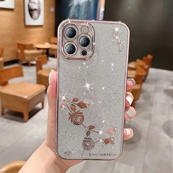 For iPhone 13 Pro Max 6,7 tommer Rhinestone Dekor Galvanisering Scratch telefonveske Blomstermønster Dekor Glitter Powder Anti-fall TPU telefondeksel