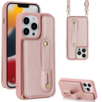 For iPhone 13 Pro Max kortspor Armbånd Kickstand-veske PU-skinn+TPU-mobildeksel