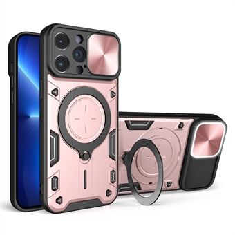 For iPhone 13 Pro Max 6,7 tommers roterbart støtteben Støtsikkert deksel Skyv kameralokk PC + TPU telefonveske