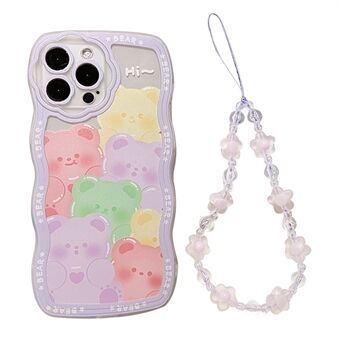 For iPhone 13 Pro Max Bear Pattern Mobiltelefonveske Klar TPU-deksel med lilla blomsterhåndleddsstropp