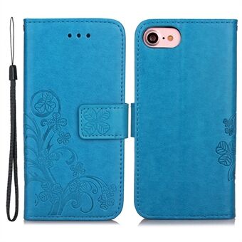 For iPhone 7 / iPhone 8 / iPhone SE 2020/2022, Wallet Stand Four-leaf Clover Pattern Imprinted Leather Case Phone Cover with Strap