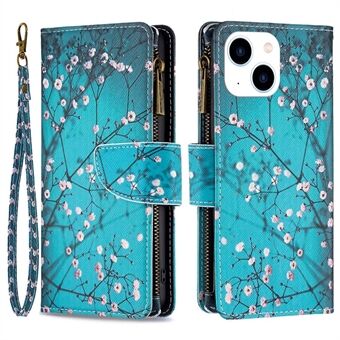 BF Pattern Printing Leather Series-4 for iPhone 14 6,1 tommer, 03 Style Zipper Pocket Case PU Leather + TPU magnetisk lås Stand med lommebokstativ