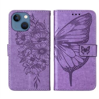 YB Imprinting Flower Series-4 for iPhone 14 6,1 tommers Stand PU-skinn Butterfly Flower Preget telefonbeskyttelsesveske