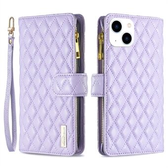 BINFEN COLOR for iPhone 14 6,1 tommer BF Style-15-lomme med glidelås påtrykt Rhombus -veske Flip- Stand Matt PU-skinn lommebokdeksel