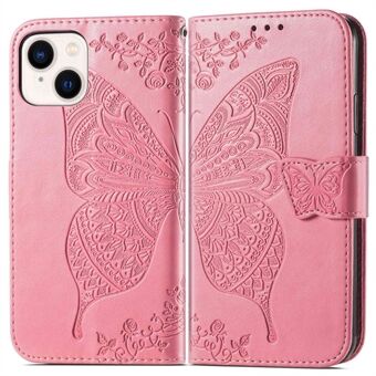 For iPhone 14 6,1 tommer Støtsikker Butterfly-påtrykt magnetisk lukking Flip-lærveske Myk TPU håndleddsrem Stand Lommebok telefondeksel