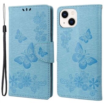 For iPhone 14 6,1 tommers PU-skinn Big sommerfugler Blomstermønster Preging Telefondeksel Stand Funksjon Lommebok Flip Magnetveske med stropp