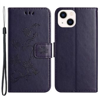 For iPhone 14 6,1 tommers samlet dekning PU- Stand Lommebok telefondeksel Butterfly Flower Preget telefonveske med stropp