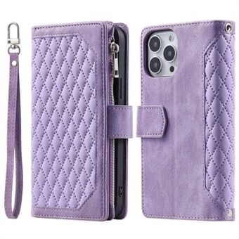 For iPhone 14 6,1 tommer støtsikkert telefondeksel Rhombus Grid Texture PU-skinn Glidelåslomme Flip Wallet Stand