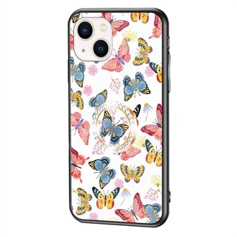 For iPhone 14 6,1 tommer Butterfly Series herdet glass + PC + TPU telefonveske Butterfly Pattern Ring Kickstand Cover