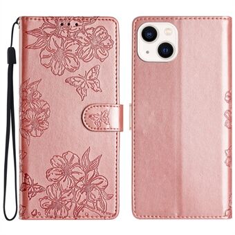 For iPhone 14 Etui Sakura Butterfly Preget Full Beskyttelse Lær Stativ Telefon Deksel