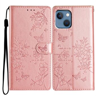 For iPhone 14 Støtsikker Etui Sommerfugl Blomstermønster Lommebokdeksel i Lær