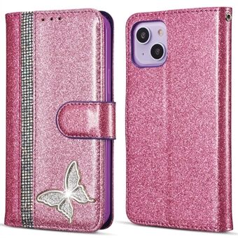 For iPhone 14 Glitter Lærveske med Metall Diamant Smørmyk Lommebokstativ Deksel