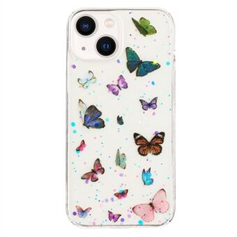 For iPhone 14 Etui Anti-fall TPU Telefon Bakdeksel Epoksy Glitter Sommerfugl