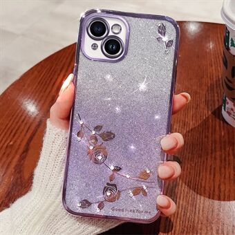 For iPhone 14 Gradient Glitter Powder Fleksibelt TPU-bakdeksel Rhinestone Dekor Flower Design Drop-proof veske