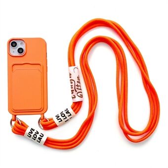 For iPhone 14 Soft Flytende Silikon Telefonveske Kortspor Slankt beskyttende bakdeksel med snorrem