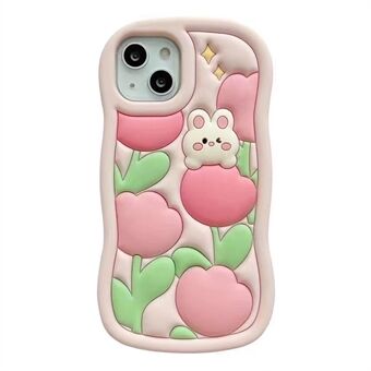 For iPhone 14 / 13 3D tegneserie kanin Tulip Decor Silikon Telefonveske Anti-slipp telefondeksel