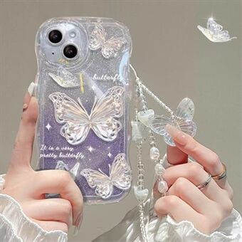 For iPhone 14 Gradient Glitter Wavy Edge Telefonveske Sommerfuglmønster TPU-deksel med kjede