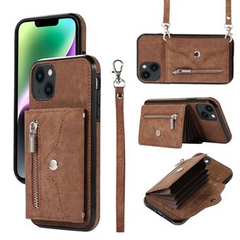 For iPhone 14 Etui Glidelåslomme Kort Holder RFID Blokkerende PU Skinn + TPU Telefon Deksel med 2 Stropper