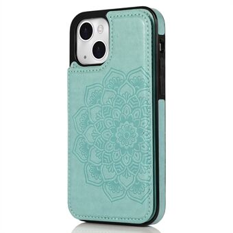 For iPhone 14 Etui Preget Mandala Blomst Stativ PU Lær+TPU Telefondeksel