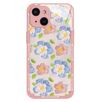 For iPhone 14 Herdet Glass Deksel Oljemaleri Blomstermønster TPU Ramme Telefondeksel