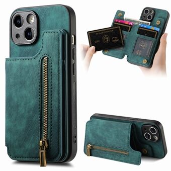 D15 For iPhone 14 Etui Retro PU Skinn+TPU Anti-fall Telefondeksel med Glidelåslomme Stativfunksjon